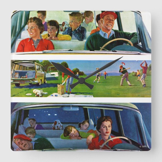 ピクニック前、ピクニック中、ピクニック後 スクエア壁時計 (正面)