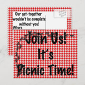 ピクニック時間だ！赤い市松模様にテーブルクロス（アリ付き） インビテーションポストカード (正面/裏面)