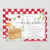 ピクニック用ベビーシャワー公園でのピクニック用赤いギンガム 招待状 (正面/裏面)