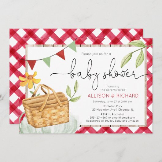 ピクニック用ベビーシャワー公園でのピクニック用赤いギンガム 招待状 (正面/裏面)