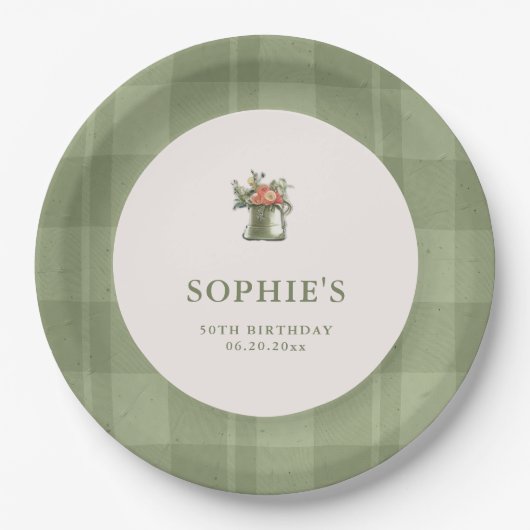 ピクニック サマー グリーン チェック フローラル 誕生日 ペーパープレート (正面)