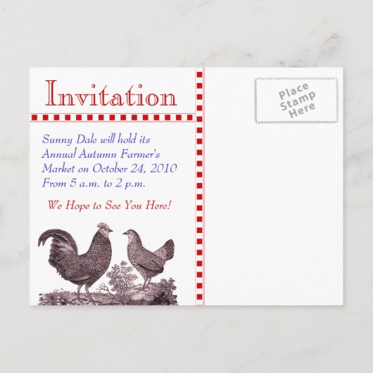 ピクニック、ファーマーズマーケット、Bのための鶏の招待状 インビテーションポストカード (裏面)