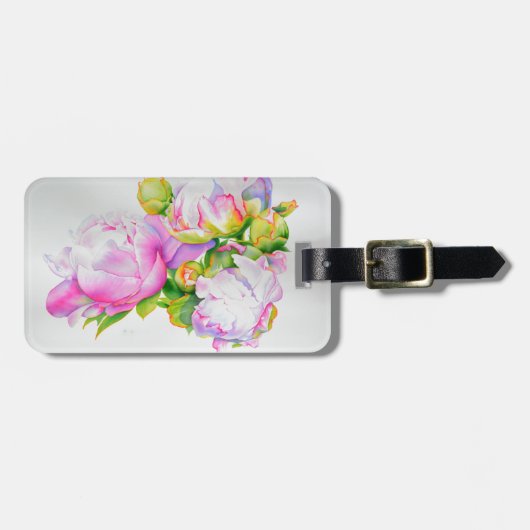 ピクラシックックエレガントピンクの白い牡丹フローラ水色 ラゲッジタグ (正面横)