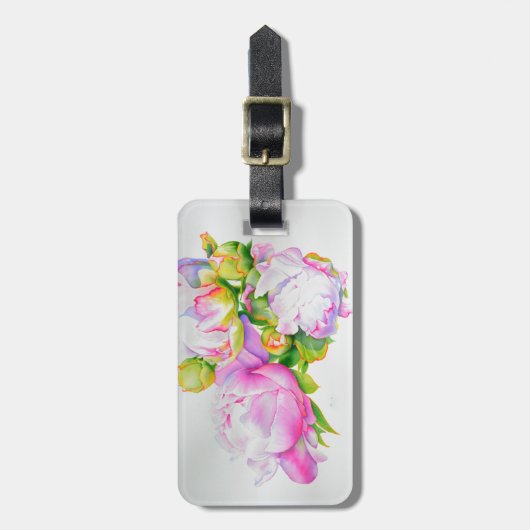 ピクラシックックエレガントピンクの白い牡丹フローラ水色 ラゲッジタグ (正面縦)