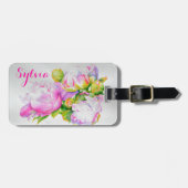 ピクラシックックエレガントピンクの白い牡丹フローラ水色 ラゲッジタグ (正面横)
