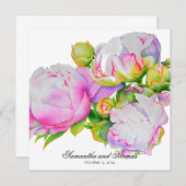 ピクラシックックエレガントピンクの白い牡丹フローラ水色 招待状 (正面/裏面)