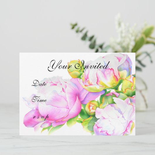 ピクラシックックエレガントピンクの白い牡丹フローラ水色 招待状 (スタンド正面)