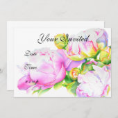 ピクラシックックエレガントピンクの白い牡丹フローラ水色 招待状 (正面/裏面)