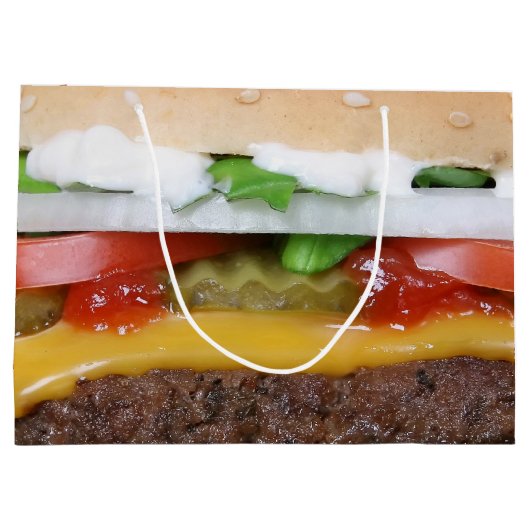 ピクルス写真付きのおいしいチーズバーガー ラージペーパーバッグ (裏面)