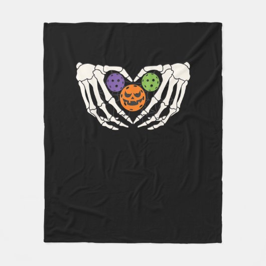 ピクルハロウィンおもしろいスケルトン手ハートカボチャ フリースブランケット (正面)