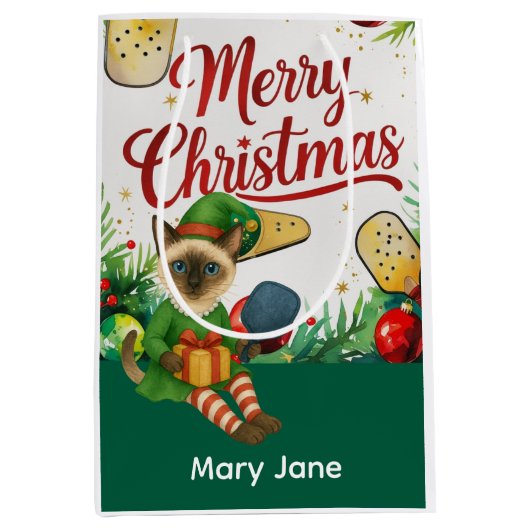 ピクルボールのクリスマスをテーマにした ミディアムペーパーバッグ (正面)