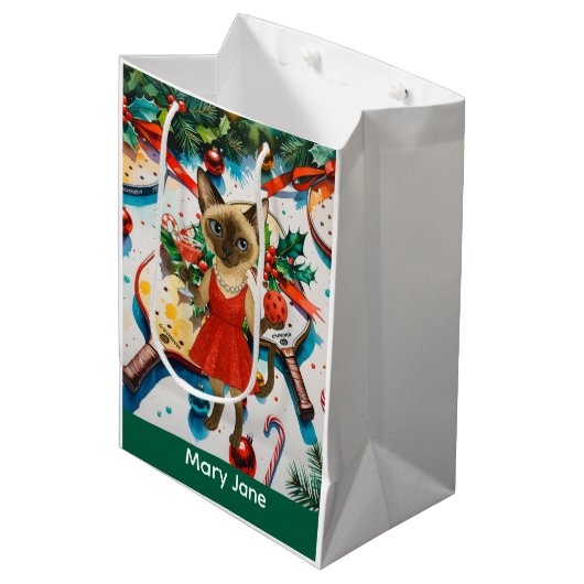 ピクルボールのクリスマスをテーマにした ミディアムペーパーバッグ (正面アングル)