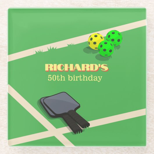 ピクルボールをテーマにしたスポーツダインキング誕生日パーティー ガラスコースター (正面)
