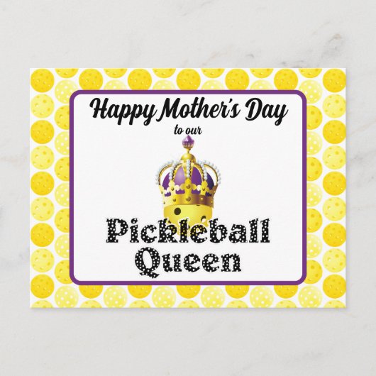 ピクルボールクイーン、イエローボールパープル、金ゴールドクラウン ポストカード (正面)