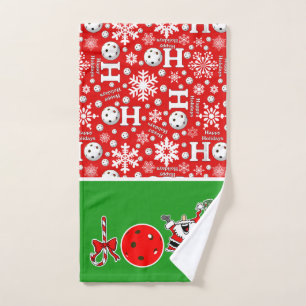 ピクルボールクリスマスジョイサンタレッドとグリーン ハンドタオル