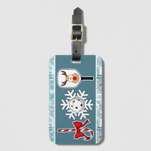 ピクルボールクリスマスジョイスノーフレークブルーとホワイト ラゲッジタグ (正面縦)