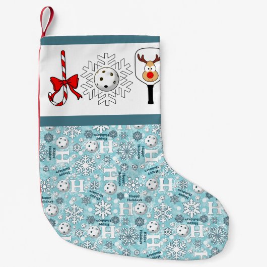 ピクルボールクリスマスジョイトナディアブルーとホワイト スモールクリスマスストッキング (正面)