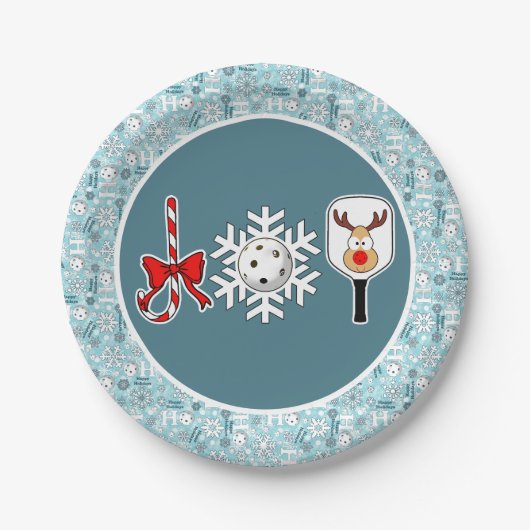 ピクルボールクリスマスジョイブルーとホワイトスノーボール ペーパープレート (正面)