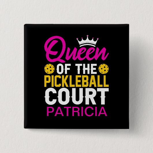 ピクルボールコートパーソナライズされた名の女王 缶バッジ (正面)