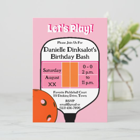 ピクルボールコート誕生日パーティーピンクオレンジ写真 招待状 (スタンド正面)