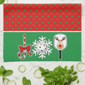 ピクルボールジョイクリスマスパーティーグリーンレッドトナカイ キッチンタオル (折り畳み)