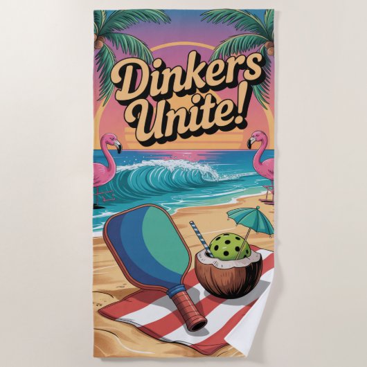 ピクルボールディンカーユナイズフラミンゴパドル ビーチタオル (正面)