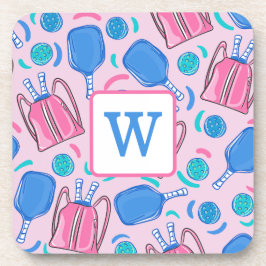 ピクルボールパドルとボールピンク名門私立校風のイニシャル コースター