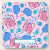 ピクルボールパドルとボールピンク名門私立校風のカスタム コースター (正面)