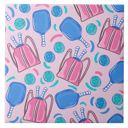 ピクルボールパドルとボールピンク名門私立校風の色 タイル (正面)