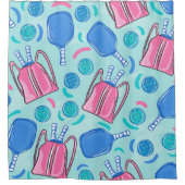 ピクルボールパドルとボールブルー シャワーカーテン (正面)