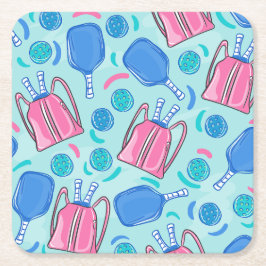 ピクルボールパドルとボールブルー スクエアペーパーコースター