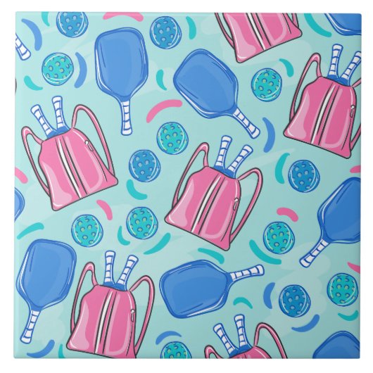 ピクルボールパドルとボールブルー タイル (正面)