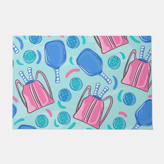 ピクルボールパドルとボールブルー ドアマット (正面)