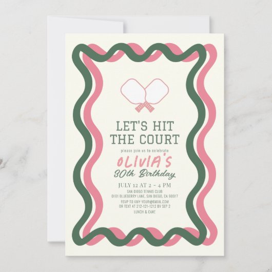 ピクルボールピンク&グリーンストライプ誕生日 招待状 (正面)