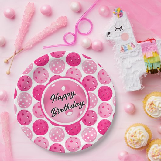 ピクルボールピンク&ホワイトピックルパーソナライズされたボール ペーパープレート (パーティー)