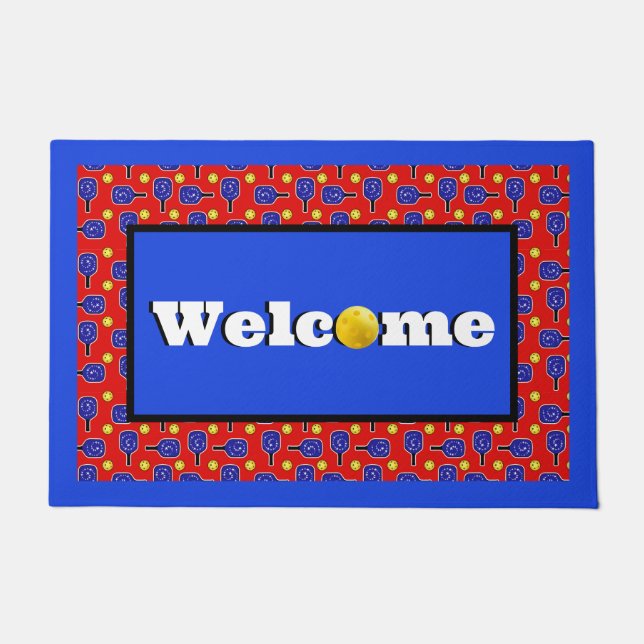 ピクルボールブルーパドルイエローボール7月4日 ドアマット (正面)