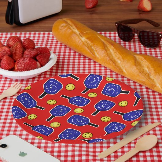 ピクルボールブルーパドルイエローボール7月4日 ペーパープレート (ピクニック)