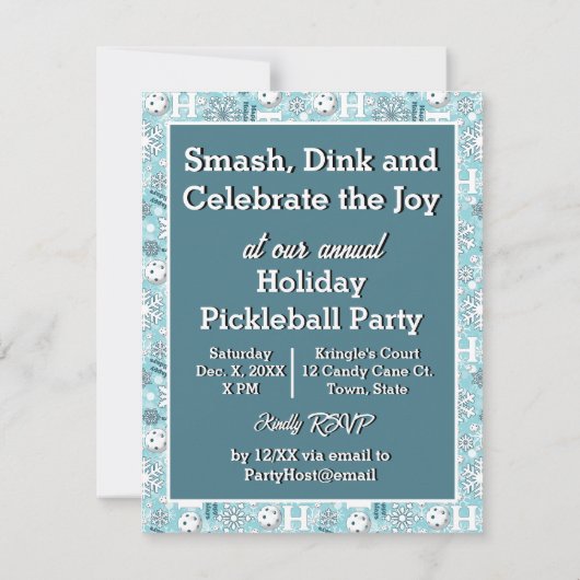 ピクルボール喜びクリスマスパーティースノーボールアイスブルー 招待状 (裏面)