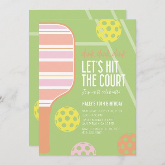 ピクルボール誕生日パーティーの招待・ Dink Dink 招待状 (正面/裏面)