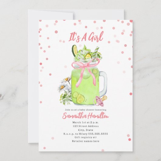 ピクルミルクシェイクピンクボウガールベビーシャワー 招待状 (正面)