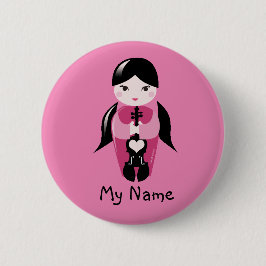 ピグテールおよびピンクのバイオリンの人形ボタン 缶バッジ