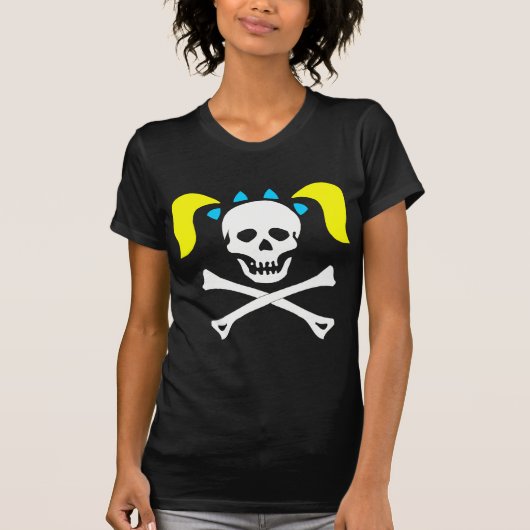 ピグテールの暗闇の女性との女の子のスカル及び骨が交差した図形 Tシャツ (正面)