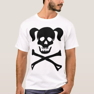 ピグテールの薄い色の女性が付いている女の子の黒いスカル Tシャツ