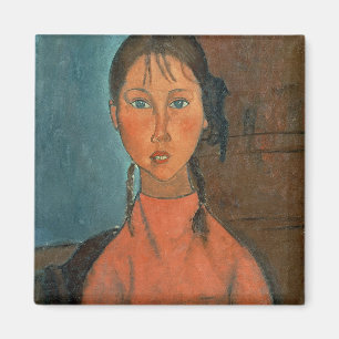 ピグテール、c.1918 (キャンバスの油)を持つ女の子 マグネット