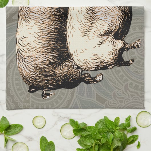 ピグファームカントリーアンティークイラストレーションアート キッチンタオル (折り畳み)