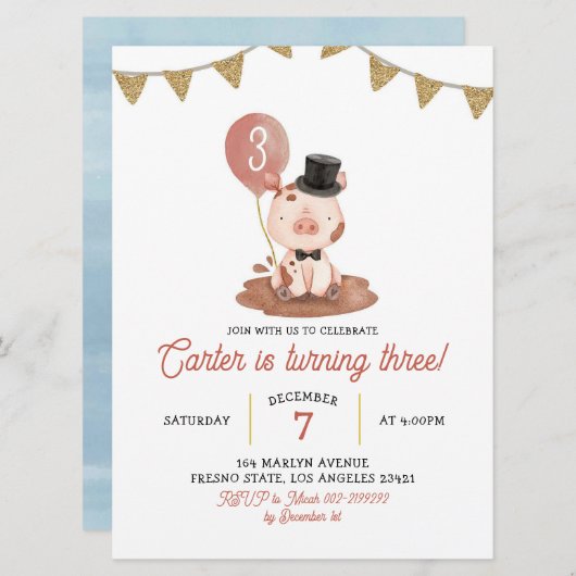 ピグファームボーイ誕生日招待状 招待状 (正面/裏面)