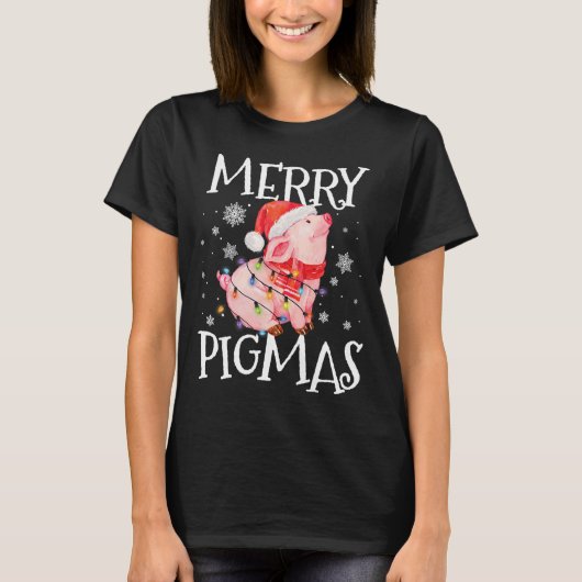 ピグマメリースおもしろいピッグクリスマスライトツリークリスマス Tシャツ (正面)