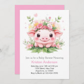 ピグレットアドベンチャー待ちピンクファームガールベビーシャワー 招待状 (正面/裏面)