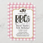 ピグローストBBQバースデーパーティーピンクプレイド 招待状 (正面/裏面)