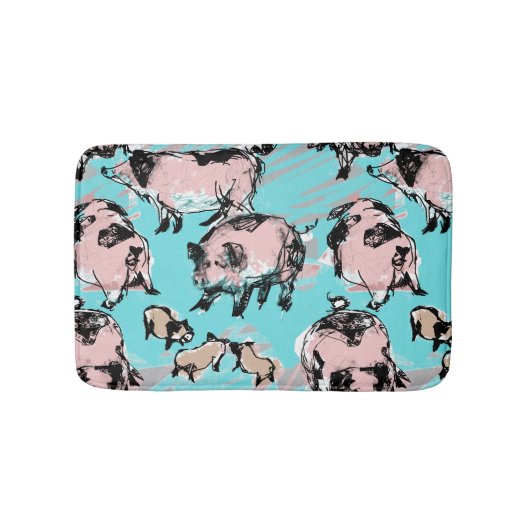 ピグ中国のイヤー誕生日オリジナルスケッチブルーBM バスマット (正面)